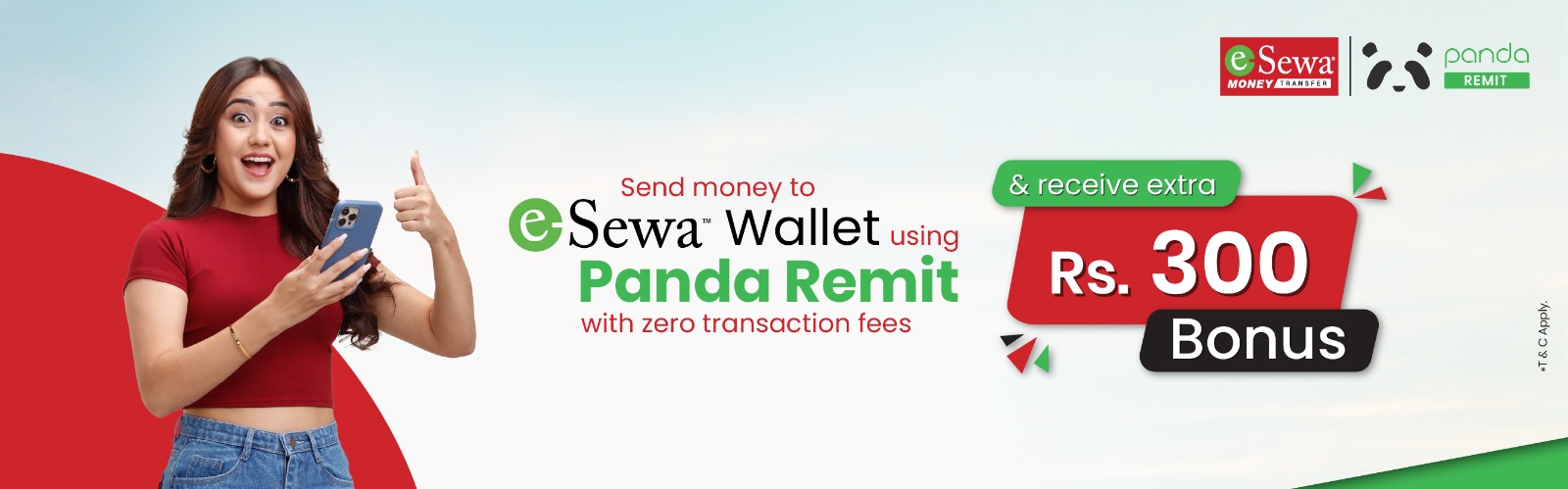 Send money to eSewa Wallet via Panda remit with zero Transaction Fees and get an Extra Rs 300 bonus - Banner Image